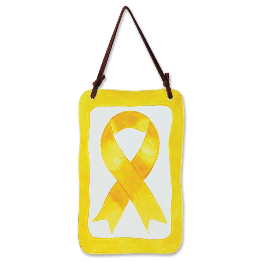 Glass Terra Wind Chime with Yellow Ribbon displayed outdoors, capturing sunlight and creating soothing sounds in a garden setting.