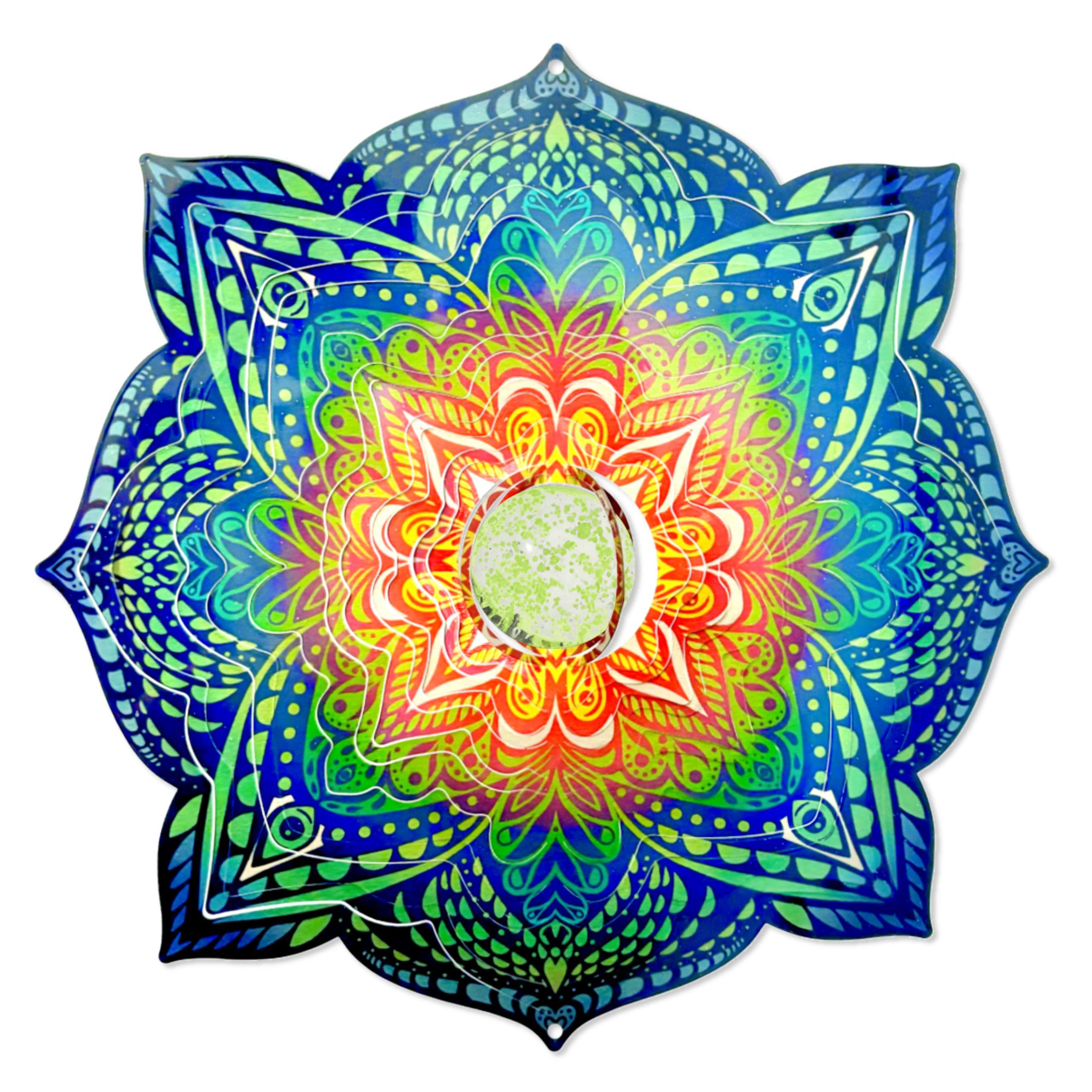 Glow Mandala wind spinner features a glowing crystal centerpiece and vibrant colors, hung outdoors to catch the wind and light.