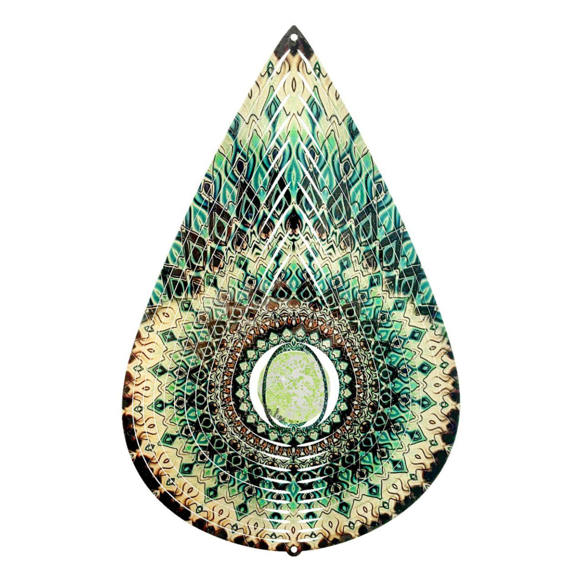 Glow Teardrop Supreme Wind Spinner showcasing a 14-inch glow-in-the-dark crystal centerpiece, spinning gracefully in a garden setting.