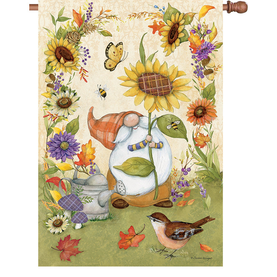 Gnome Sunflowers oversized house flag measuring 36x52 inches, featuring a cheerful gnome and vibrant sunflowers, displayed on a home garden flag pole.