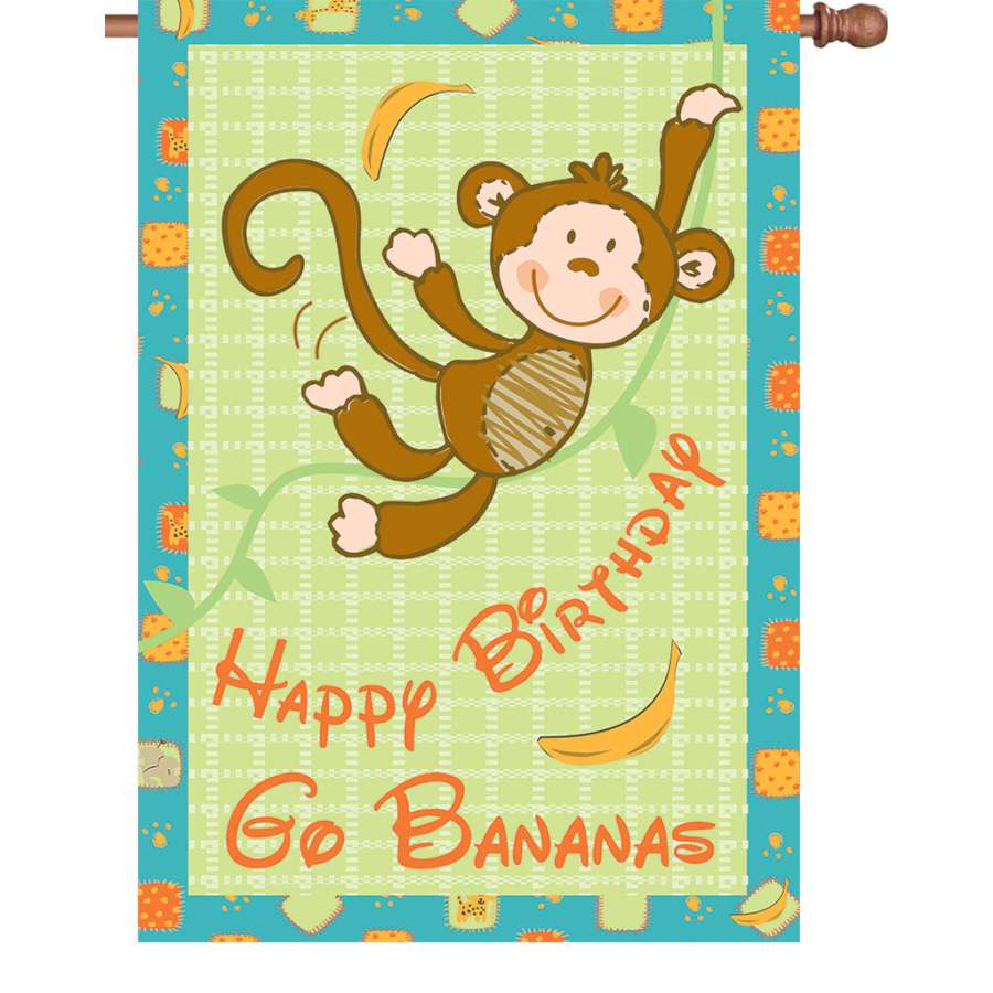 28 in. Go Bananas Monkey birthday flag featuring a cheerful monkey design and colorful text displayed outdoors at a birthday celebration.