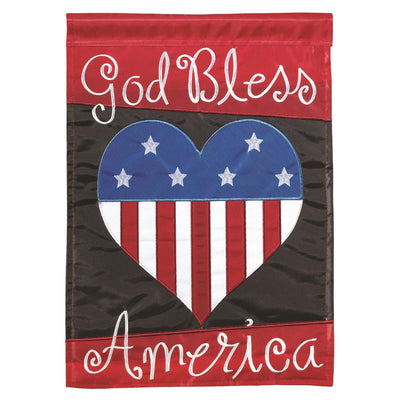 God Bless America Heart 13x18 garden flag with bold heart design and message, crafted from weatherproof polyester for lasting outdoor display.
