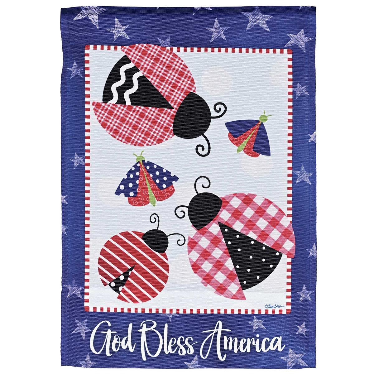 God Bless America Lady Bugs Banner Flag, oversized 30x44 inches, featuring vibrant ladybugs on durable polyester material displayed outdoors.