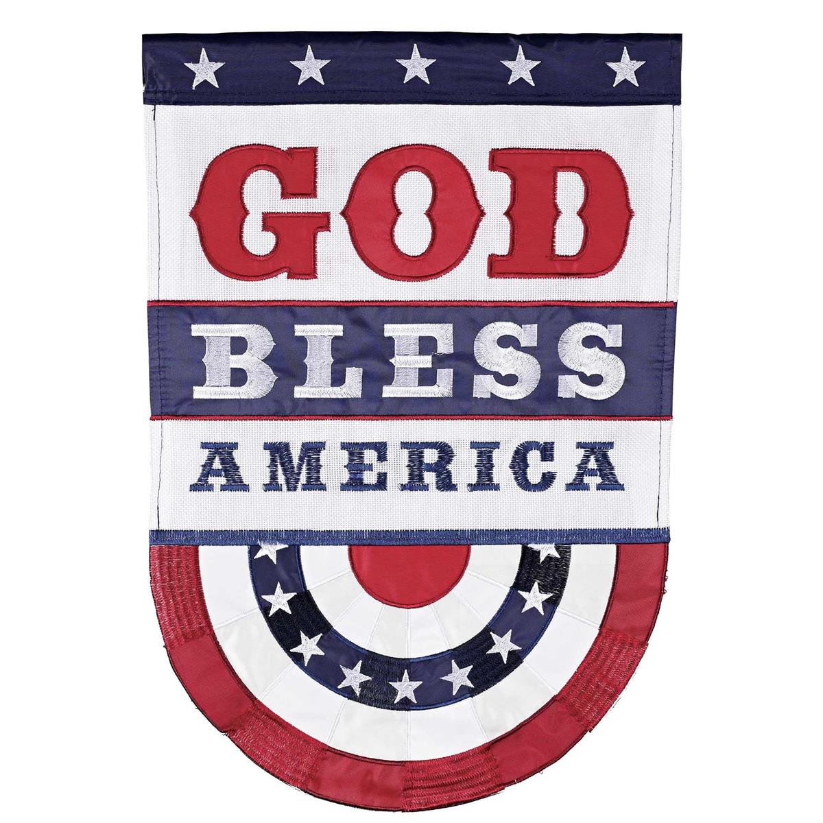 God Bless America Shaped Banner Flag, double-applique design with intricate embroidery displayed outdoors, showcasing vibrant colors and textures.