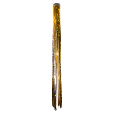 Gold 51-inch Mylar Windsock fluttering in the breeze, showcasing vibrant holographic colors against a clear sky, ideal for garden decorations.