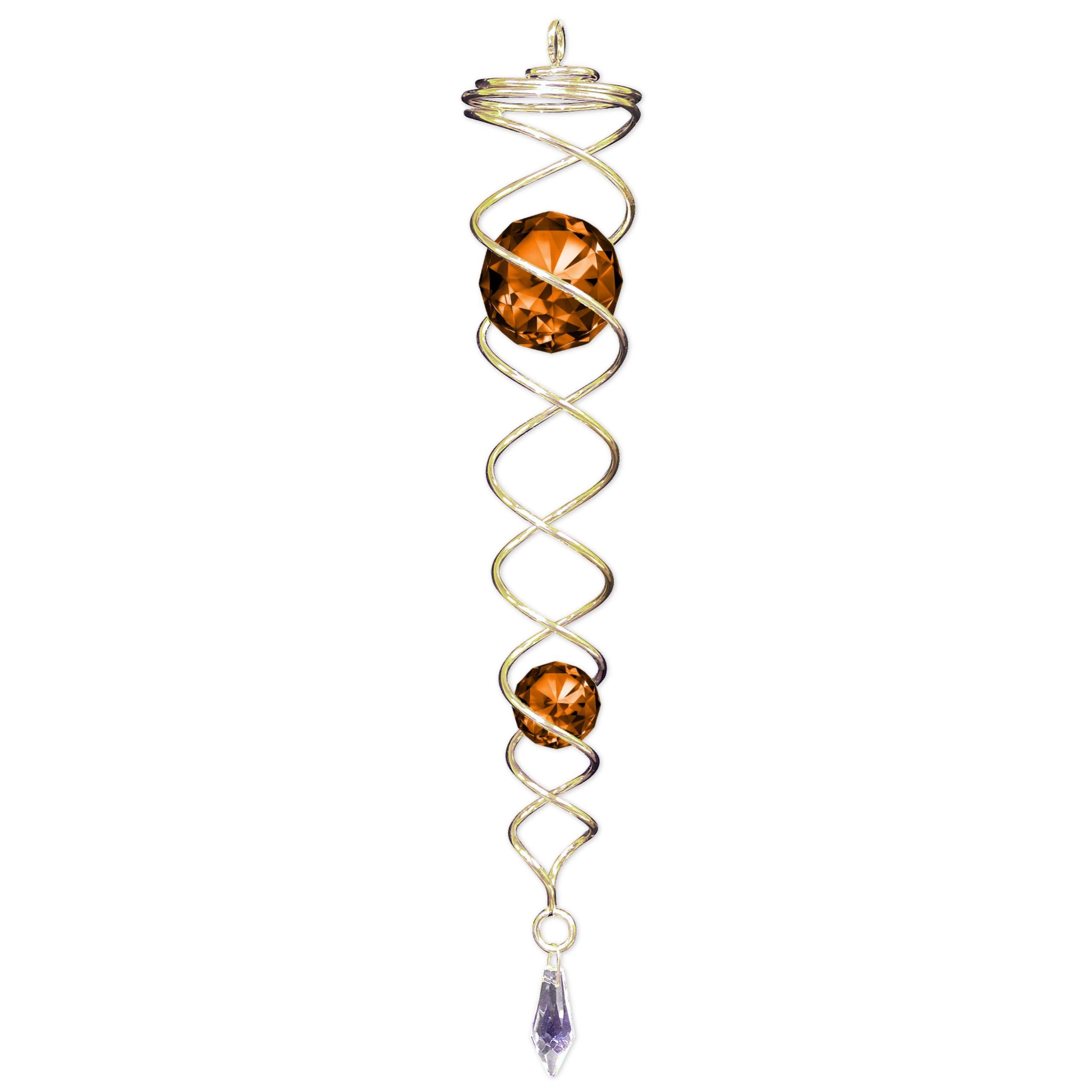 Gold Amber Crystal Twister featuring stainless steel design and vibrant crystals, spinning gracefully to catch light and enhance decor.