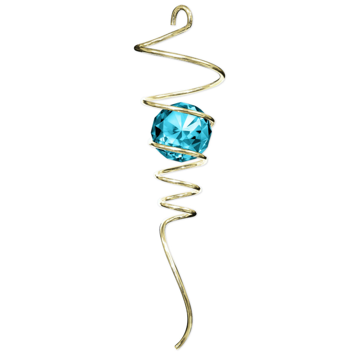 Gold Aqua Tail decorative spiral design featuring dazzling crystals, swaying gently in an outdoor garden setting, reflecting light beautifully.