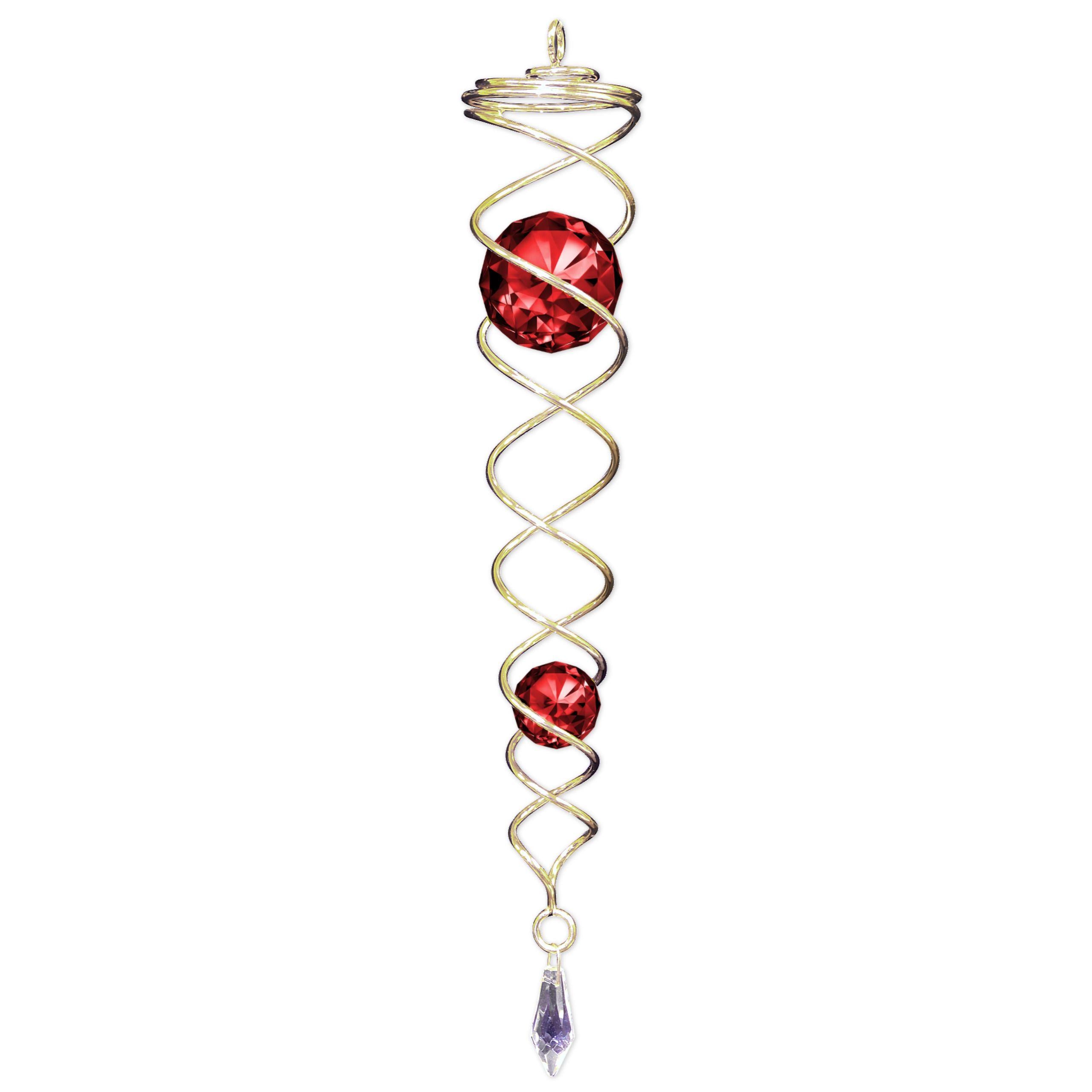 Gold Red Crystal Twister with two sparkling crystals, designed to move gracefully and catch the light in indoor or outdoor settings.