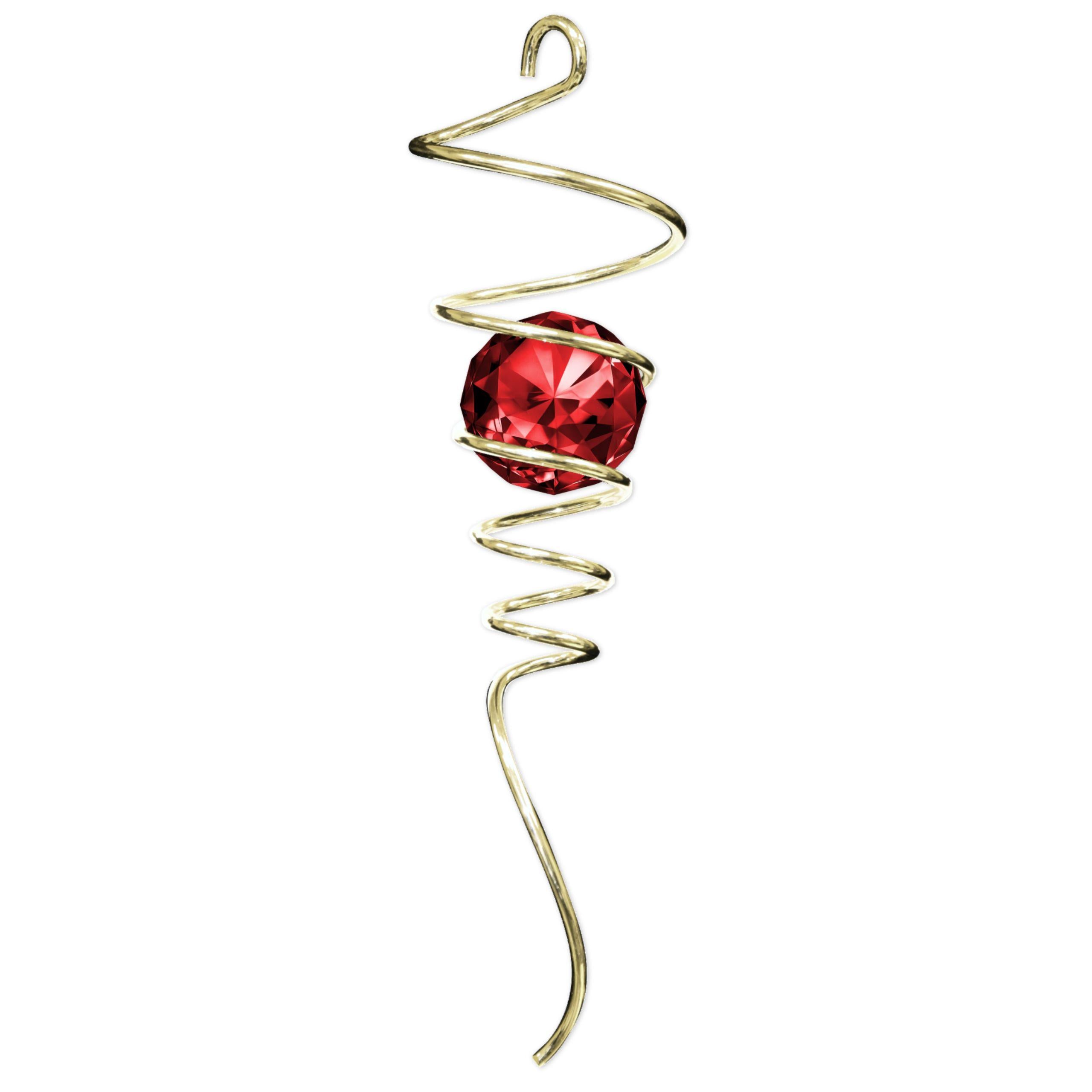 Gold Red Tail decorative spiral tail with crystal accents shimmering in the sunlight, creating reflections in an outdoor garden setting.