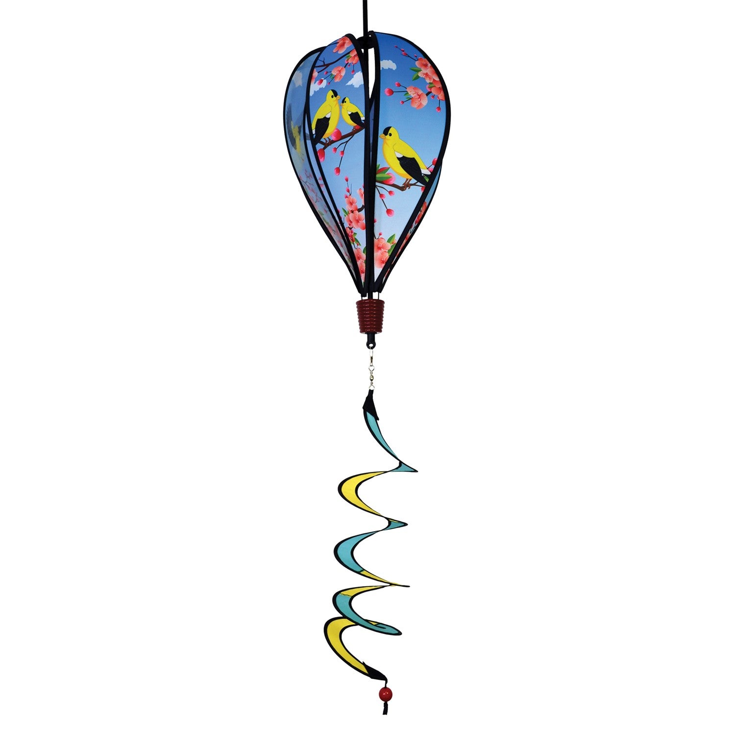 Goldfinch Family Hot Air Balloon garden spinner with colorful designs of goldfinches on cherry tree, displayed outdoors, spinning gently in the breeze.
