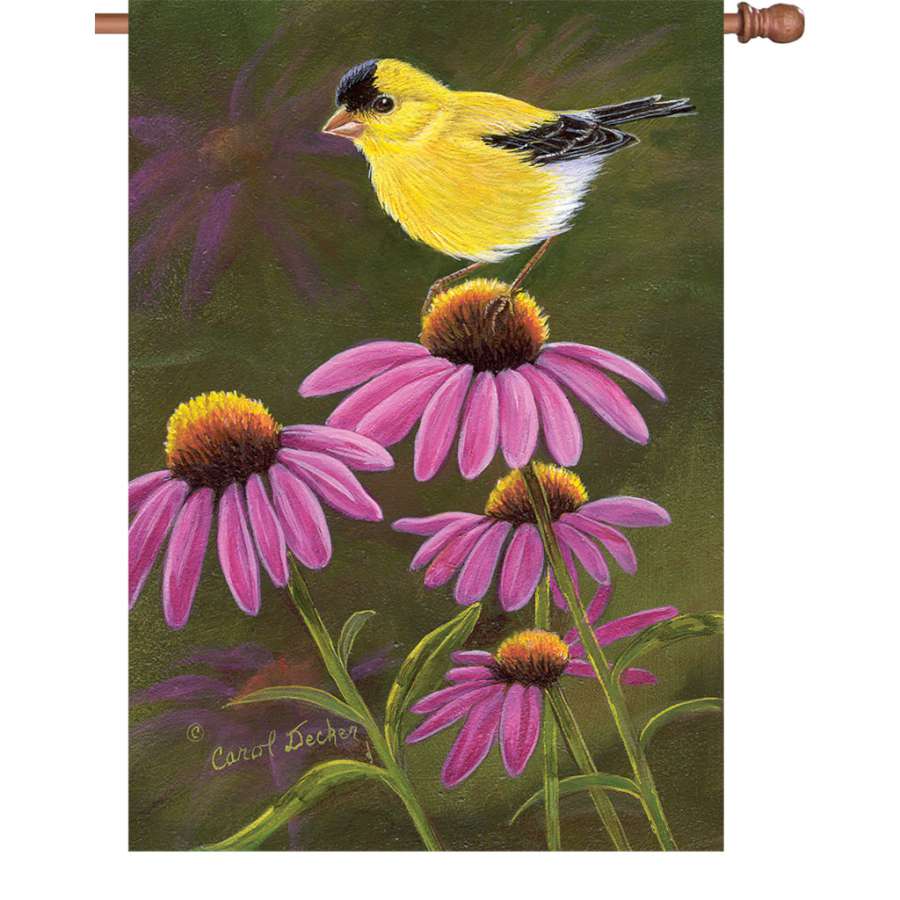 28-inch Goldfinch on Coneflower house flag displayed outdoors, featuring vibrant colors and a nature-themed design, illuminated for impact.