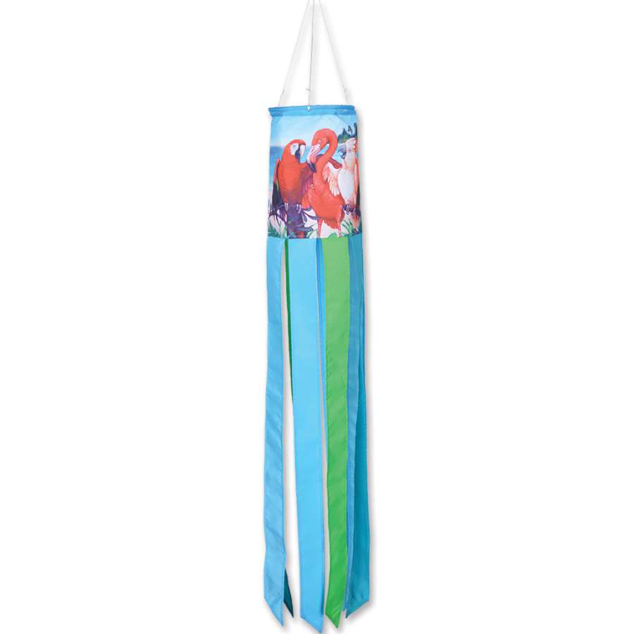 Good Vibe Tribe windsock, 40 inches long, features vibrant colors flapping in the breeze, enhancing joy in an outdoor garden setting.