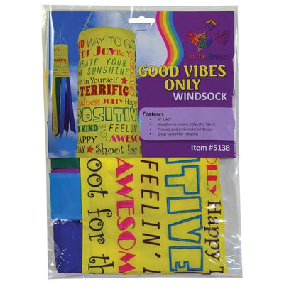 Good Vibes Only 40" Windsock with colorful message and fluttering tails displayed outdoors, brightening up the garden scenery.