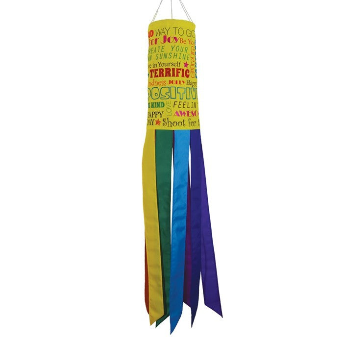 Good Vibes Only 40" Windsock with colorful message and fluttering tails displayed outdoors, brightening up the garden scenery.