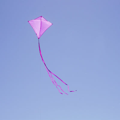 Grape Colorfly 30-inch diamond kite soaring in the sky against a blue backdrop, showcasing its vibrant grape color and stability.