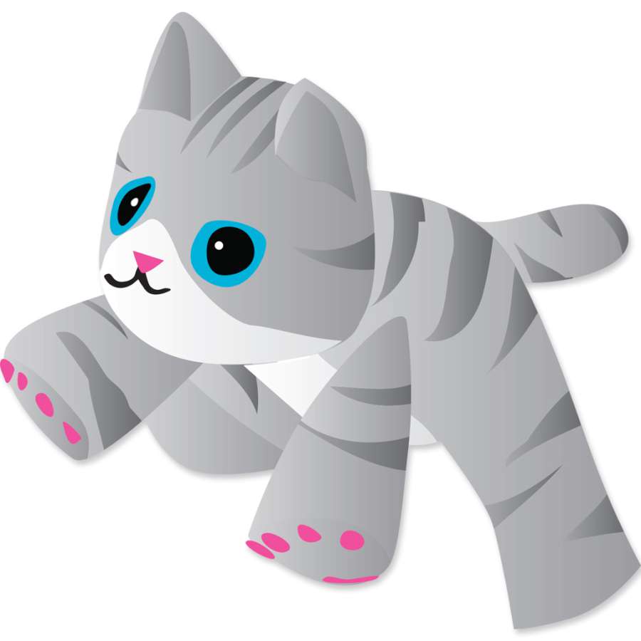 8 ft. Gray Tabby Kitten Line Device kite flying in the blue sky, showcasing its playful kitten design and vibrant colors.
