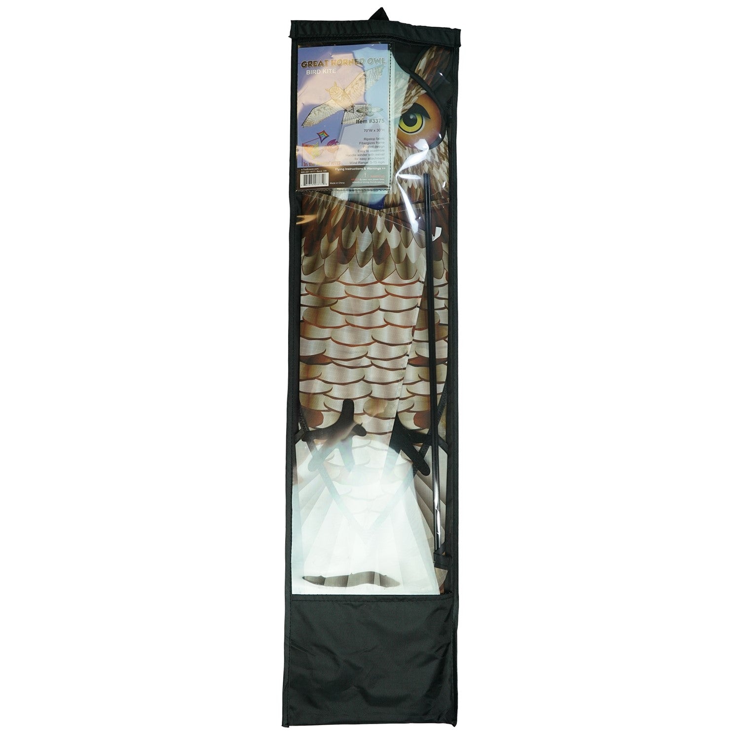 70-inch Great Horned Owl Kite featuring a realistic design with iconic plumicorns and talons soaring against a clear blue sky.