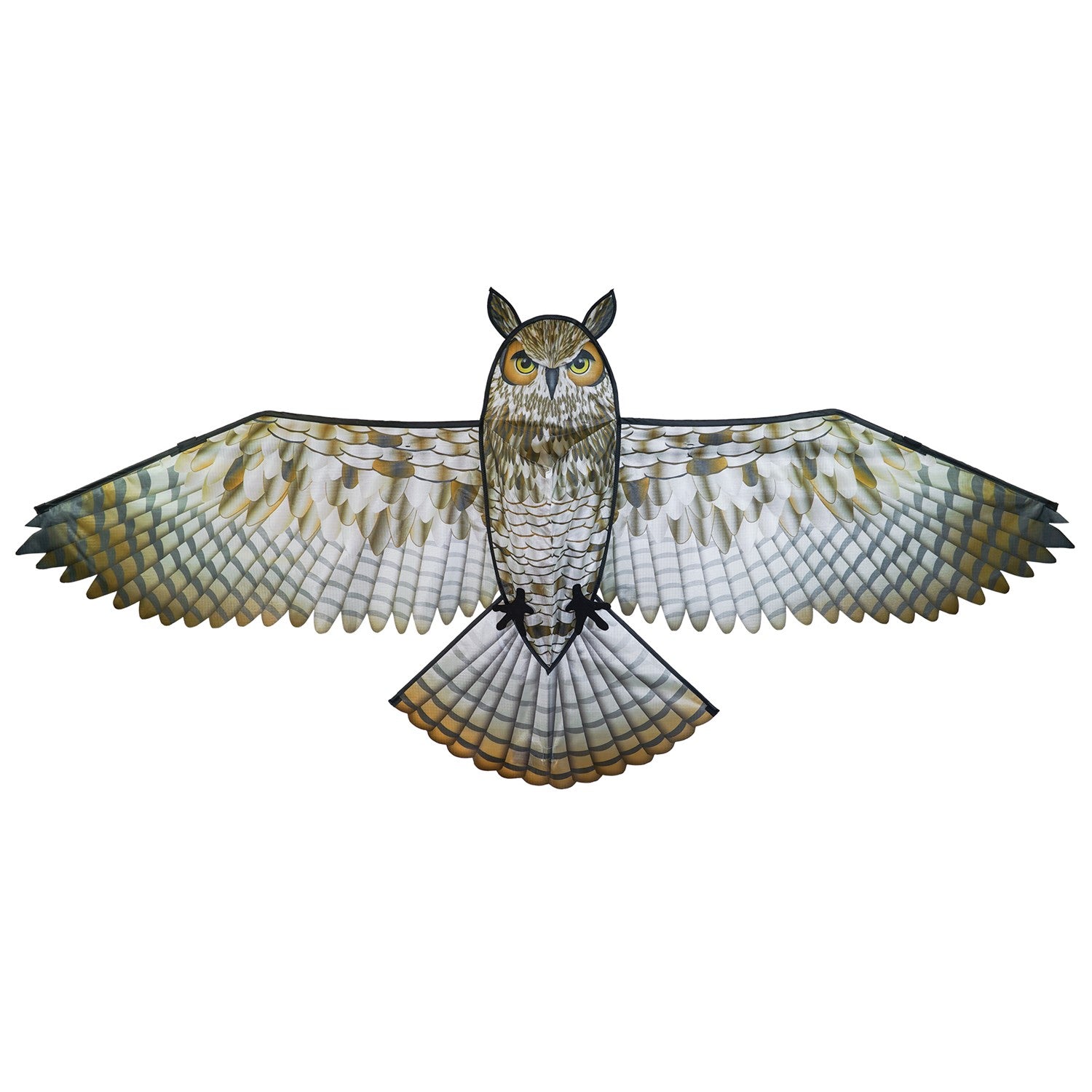 70-inch Great Horned Owl Kite featuring a realistic design with iconic plumicorns and talons soaring against a clear blue sky.