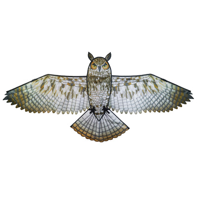 70-inch Great Horned Owl Kite featuring a realistic design with iconic plumicorns and talons soaring against a clear blue sky.
