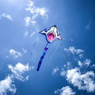 Great White 45' Fly-Hi Kite with a vibrant shark design flying against a blue sky, perfect for outdoor family fun and novice fliers.
