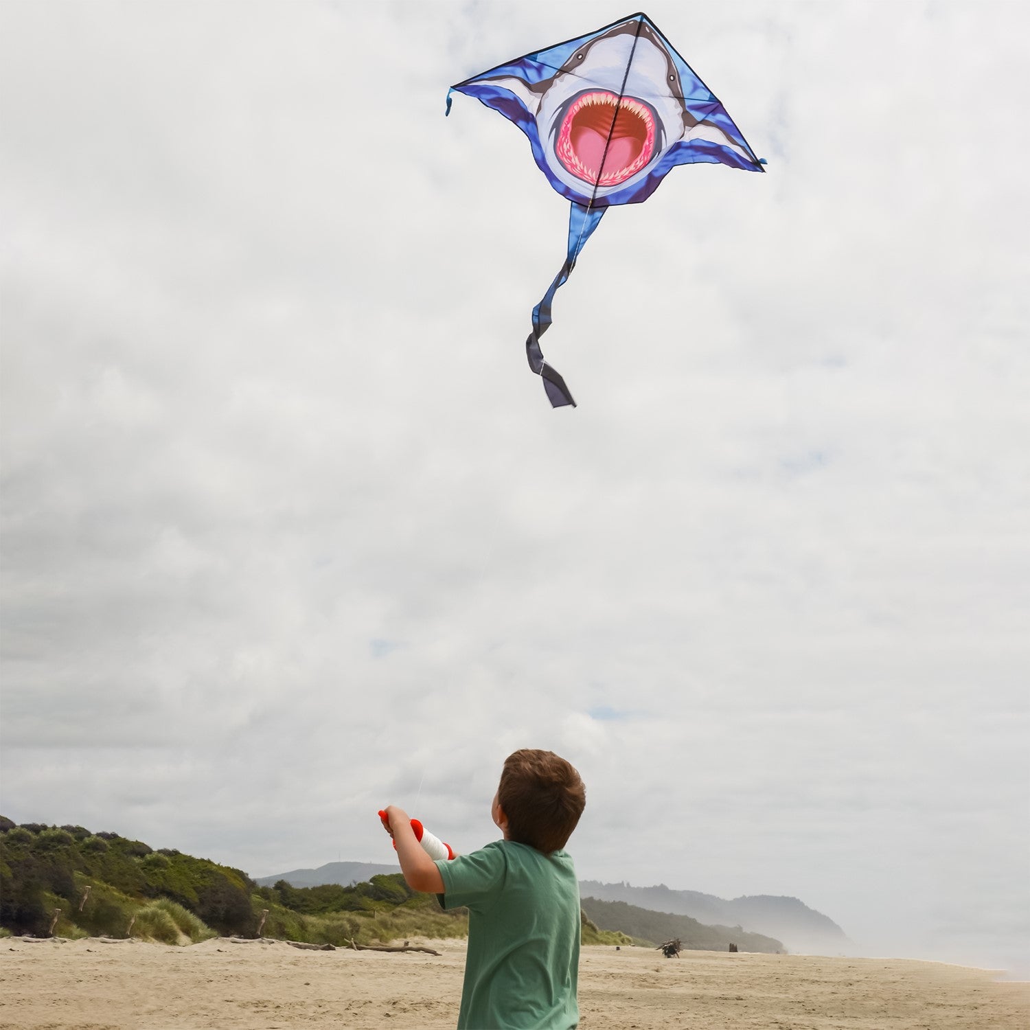 Great White 45' Fly-Hi Kite with a vibrant shark design flying against a blue sky, perfect for outdoor family fun and novice fliers.