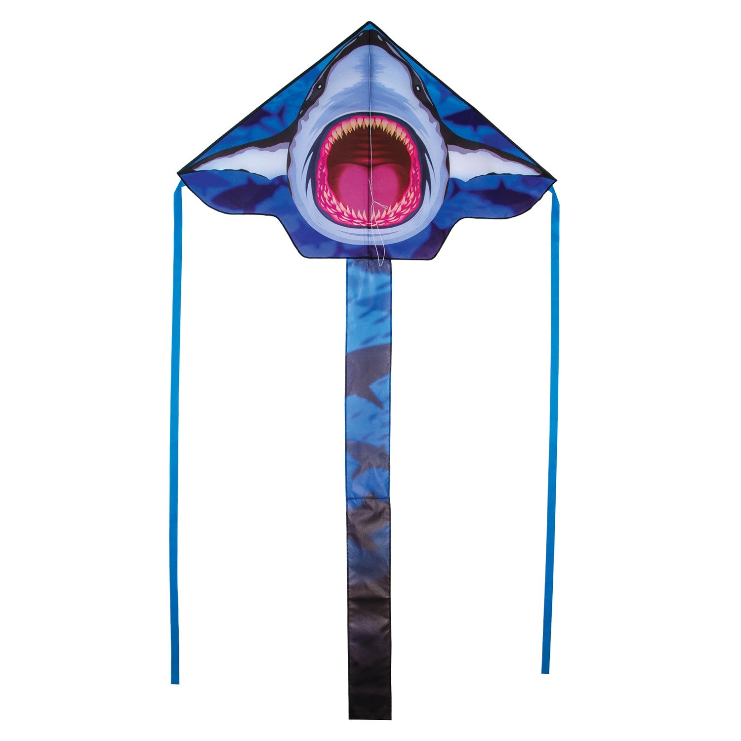 Great White 45' Fly-Hi Kite with a vibrant shark design flying against a blue sky, perfect for outdoor family fun and novice fliers.