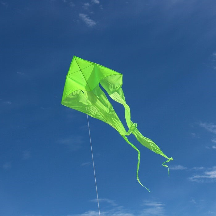 Green 77\" Wave Delta Kite flying against a clear sky, featuring long, flowing tails that dance elegantly in the wind.