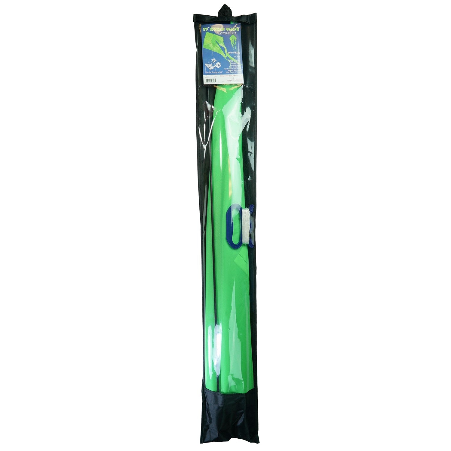 Green 77\" Wave Delta Kite flying against a clear sky, featuring long, flowing tails that dance elegantly in the wind.