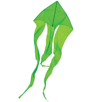 Green 77\" Wave Delta Kite flying against a clear sky, featuring long, flowing tails that dance elegantly in the wind.