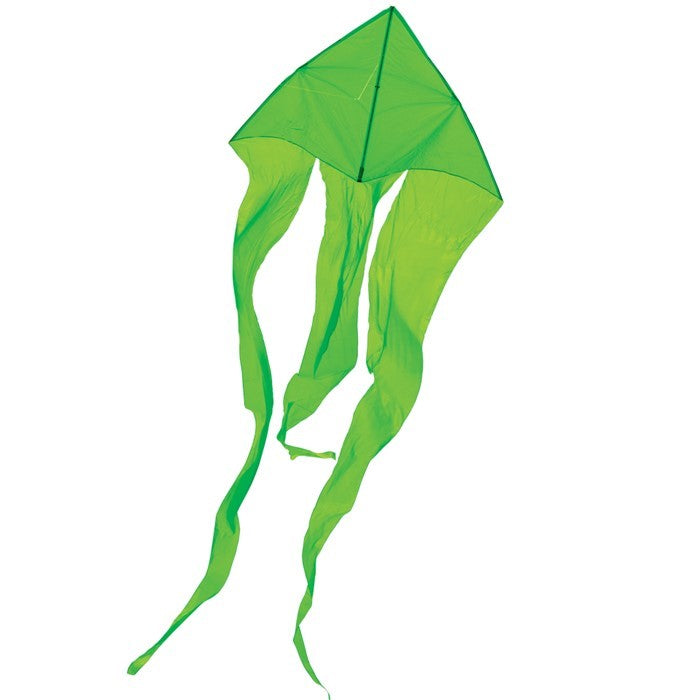 Green 77\" Wave Delta Kite flying against a clear sky, featuring long, flowing tails that dance elegantly in the wind.