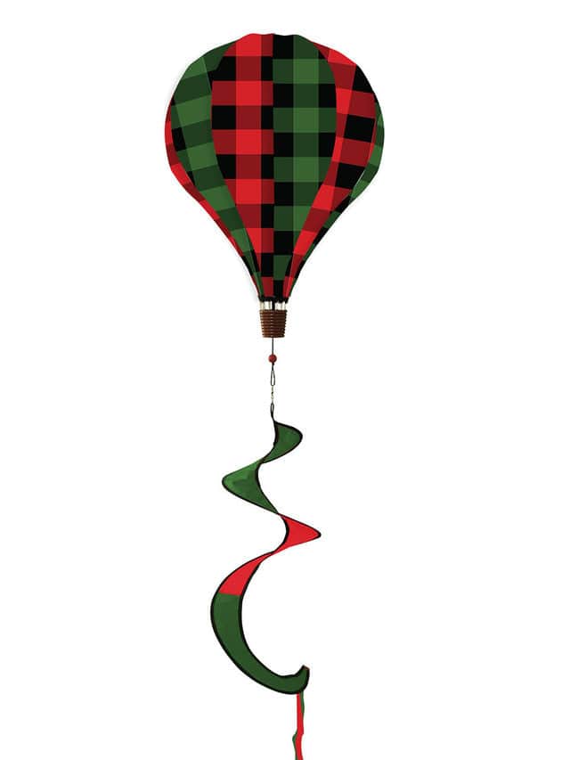 Holiday hot air balloon spinner with buffalo check plaid in red and green, durable polyester build, and elegant winter motion for outdoor seasonal decorating.