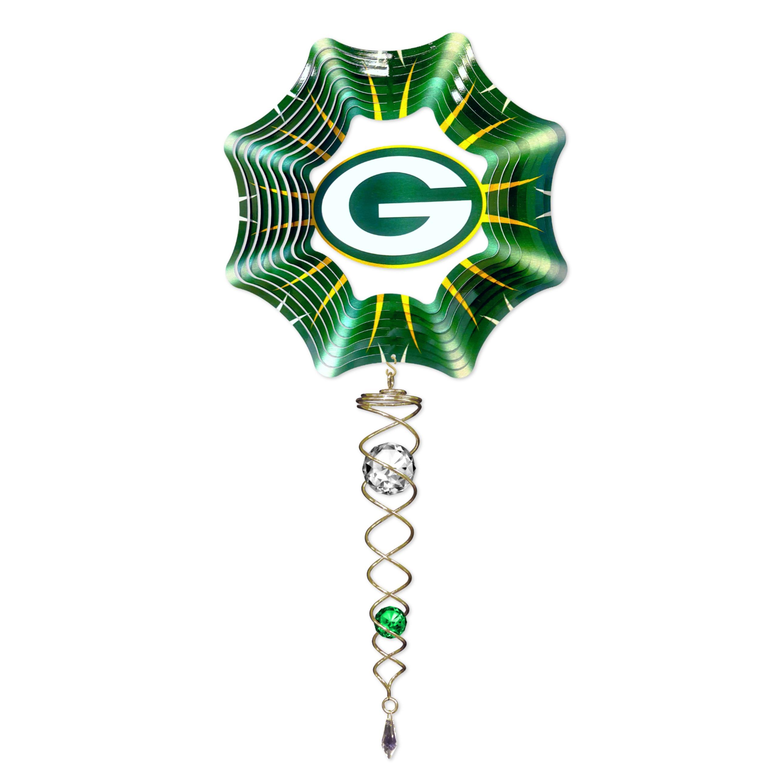Green Bay Packers NFL mini wind spinner set showing a colorful 6.5-inch spinner and a sparkling 7.5-inch crystal twister displayed outdoors.