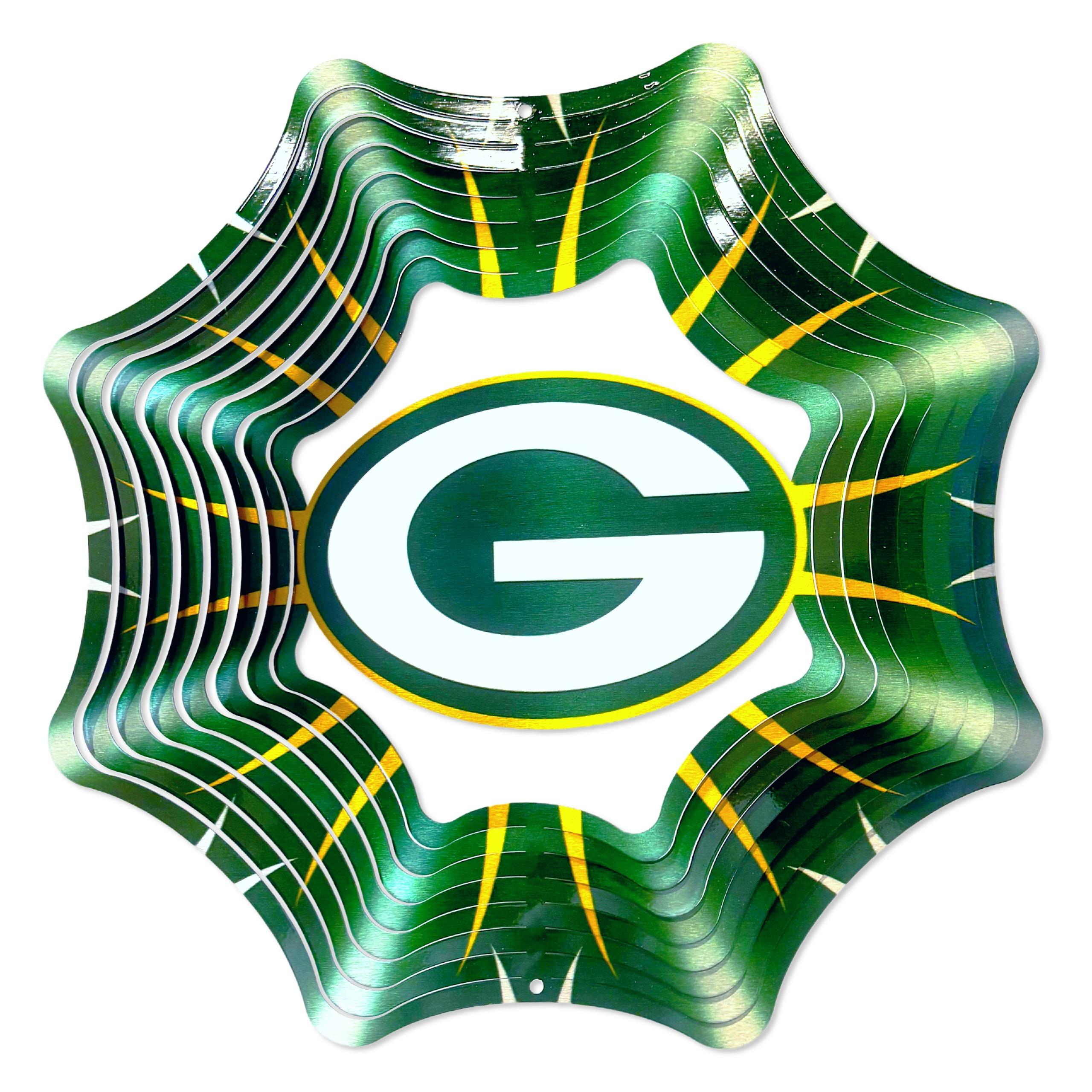 12-inch Green Bay Packers wind spinner featuring bold team colors and logo, spinning in a garden setting on a clear day.