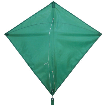 Green Colorfly 30-inch Diamond Kite with three color-coordinated tails soaring against a blue sky, perfect for outdoor family enjoyment.