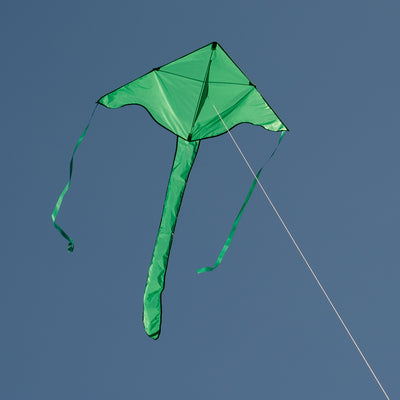 The Green Colorfly 43" Fly-Hi Kite features a bright green design and stable construction, soaring high gracefully, ideal for novice kite enthusiasts and outdoor adventures.