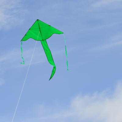 The Green Colorfly 43" Fly-Hi Kite features a bright green design and stable construction, soaring high gracefully, ideal for novice kite enthusiasts and outdoor adventures.