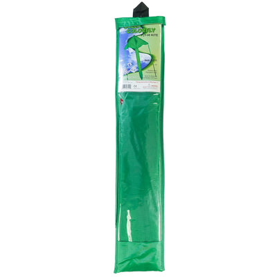 The Green Colorfly 43" Fly-Hi Kite features a bright green design and stable construction, soaring high gracefully, ideal for novice kite enthusiasts and outdoor adventures.