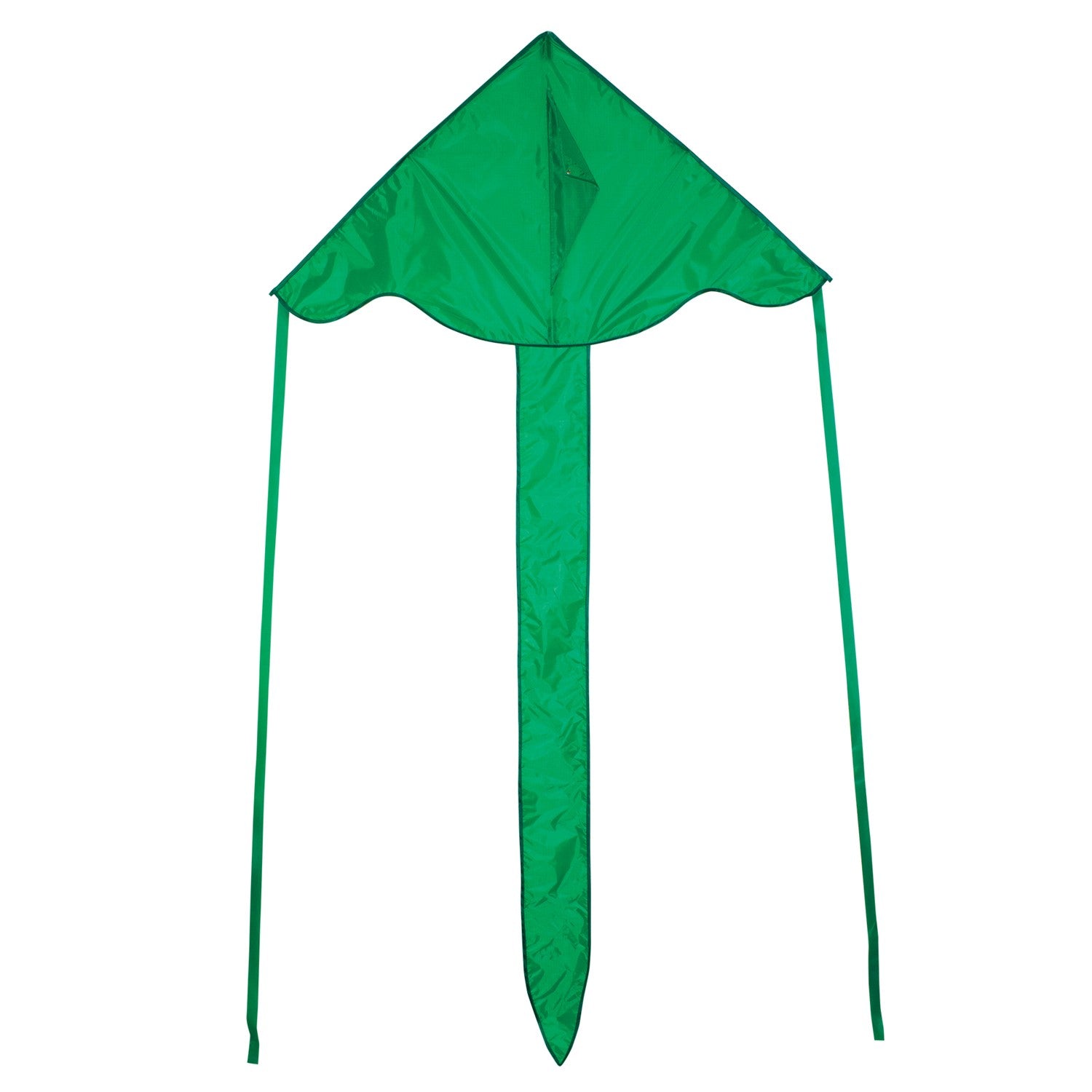 The Green Colorfly 43" Fly-Hi Kite features a bright green design and stable construction, soaring high gracefully, ideal for novice kite enthusiasts and outdoor adventures.
