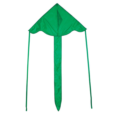 The Green Colorfly 43" Fly-Hi Kite features a bright green design and stable construction, soaring high gracefully, ideal for novice kite enthusiasts and outdoor adventures.