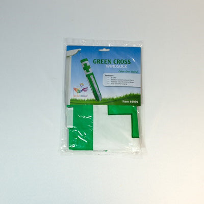 A Green Cross 40" Windsock adorned with an applique design, featuring fluttering tails in an outdoor setting, ideal for health and wellness.