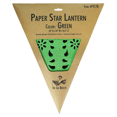 Green Paper Star Lantern with intricate cutouts and gold accents hanging indoors, designed for soft, ambient lighting and decorative appeal.