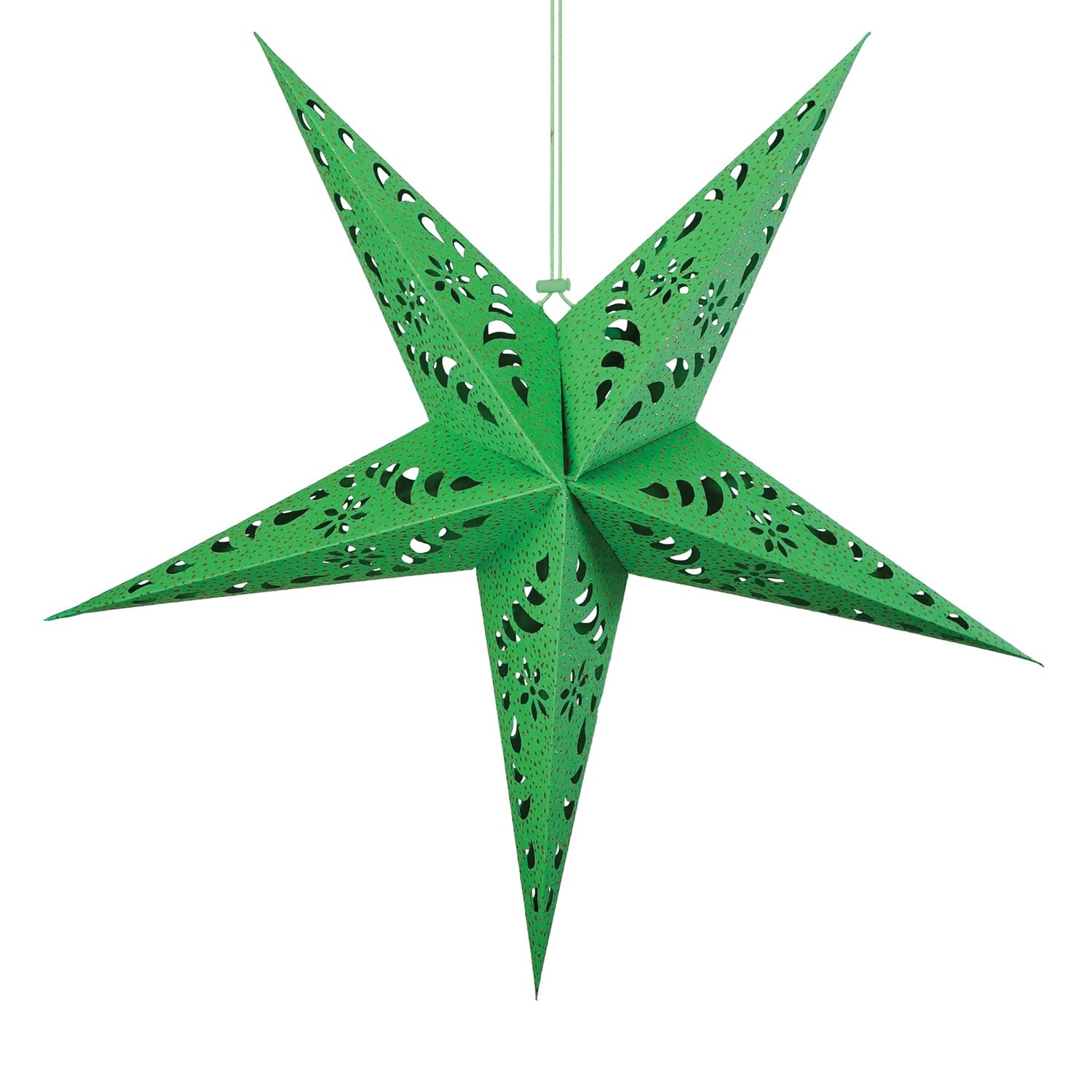 Green Paper Star Lantern with intricate cutouts and gold accents hanging indoors, designed for soft, ambient lighting and decorative appeal.