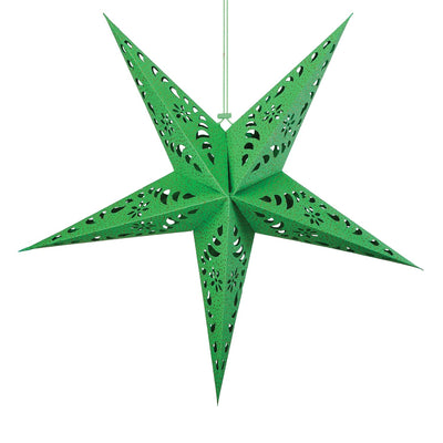 Green Paper Star Lantern with intricate cutouts and gold accents hanging indoors, designed for soft, ambient lighting and decorative appeal.