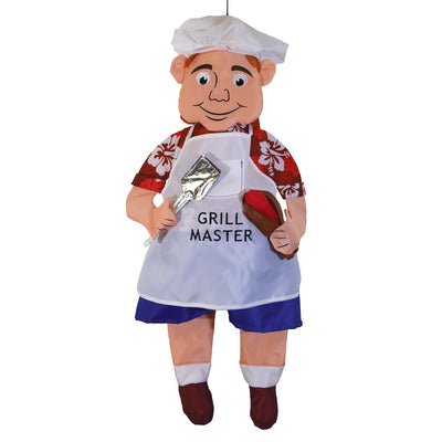 Grillin' Guy Wind Friend whimsical 3D garden decoration featuring a cheerful grill master design, swaying in the breeze on a patio.