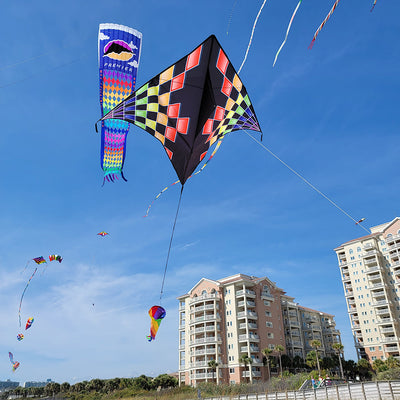 Gyro Delta Kite - Rainbow Checks showcased in a clear blue sky, with its vibrant checkered pattern creating a stunning visual effect.