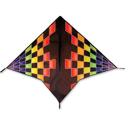 Gyro Delta Kite - Rainbow Checks showcased in a clear blue sky, with its vibrant checkered pattern creating a stunning visual effect.