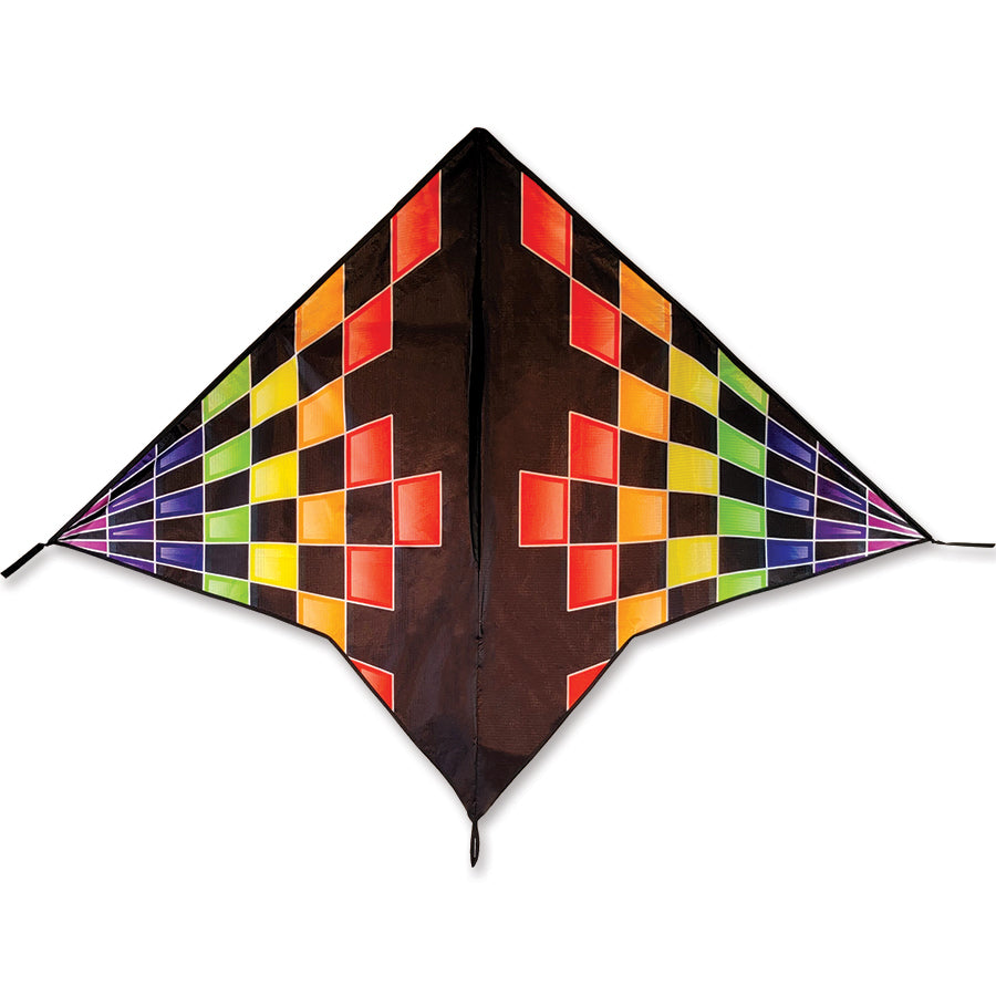 Gyro Delta Kite - Rainbow Checks showcased in a clear blue sky, with its vibrant checkered pattern creating a stunning visual effect.