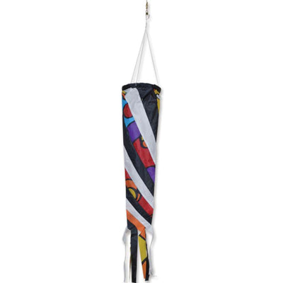Gyro Delta Kite - Rainbow Orbit measuring 58 x 44 inches soaring in a clear blue sky, accompanied by a colorful 32 inch spinning windsock.
