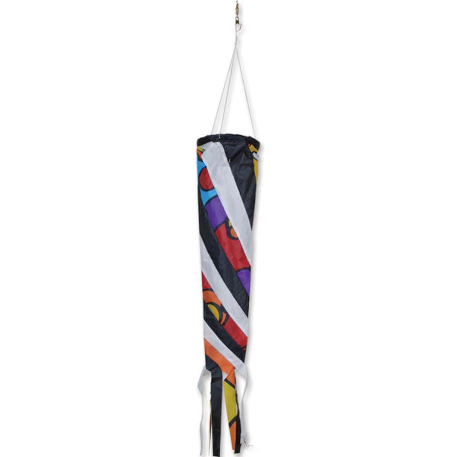 Gyro Delta Kite - Rainbow Orbit measuring 58 x 44 inches soaring in a clear blue sky, accompanied by a colorful 32 inch spinning windsock.