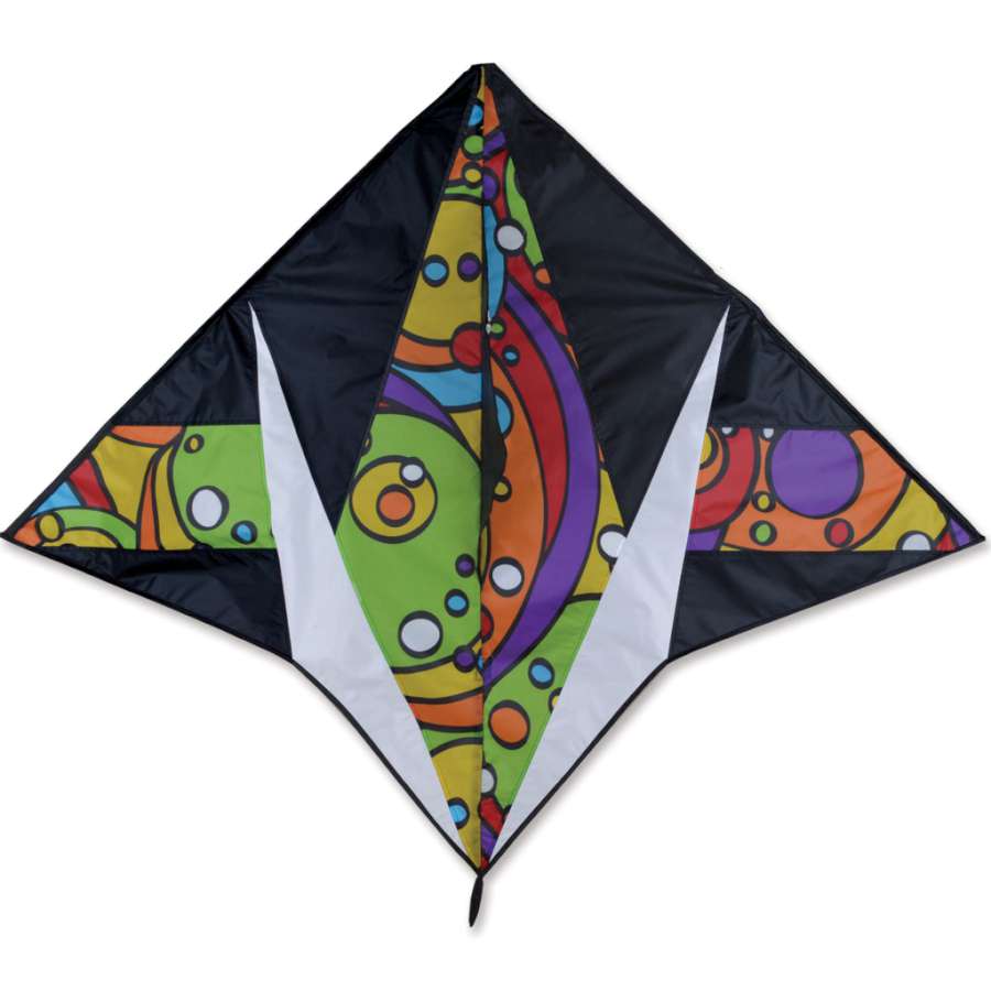Gyro Delta Kite - Rainbow Orbit measuring 58 x 44 inches soaring in a clear blue sky, accompanied by a colorful 32 inch spinning windsock.